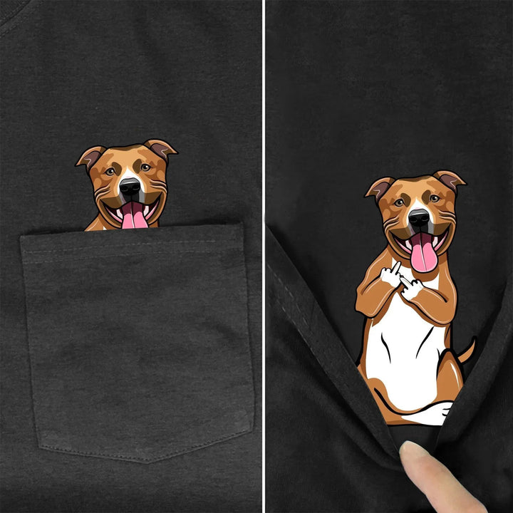 Black shirt with a pocket featuring a happy brown dog graphic that reveals a cheeky dog showing middle fingers