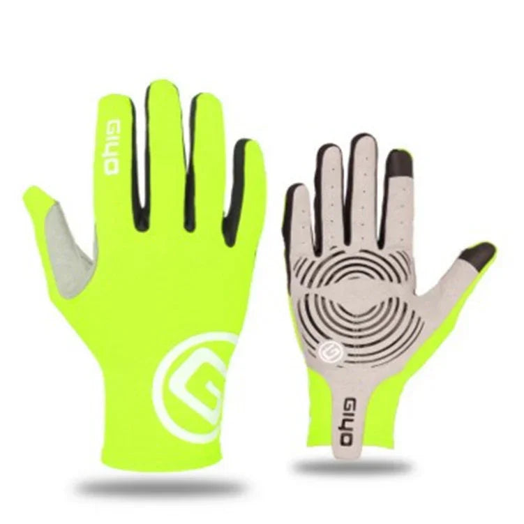 Bright neon yellow Ghio cycling gloves with black grip patterns and touchscreen-friendly fingertips