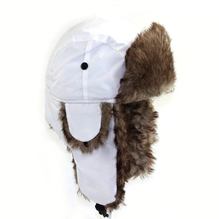 White winter trapper hat with brown faux fur lining and ear flaps for cold weather