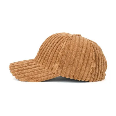 brown corduroy baseball cap with ribbed texture on white background