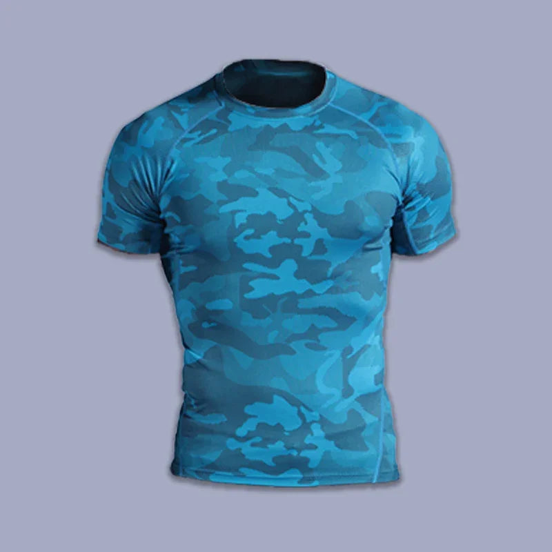 Blue camouflage short sleeve compression fitness shirt on light background