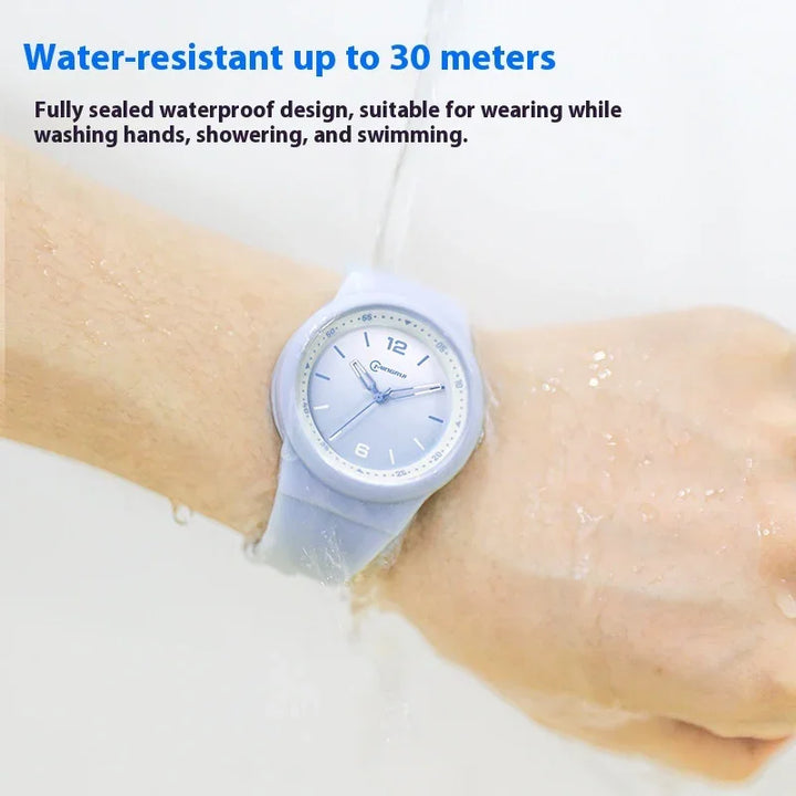 Water-resistant wristwatch on arm under running water, waterproof up to 30 meters