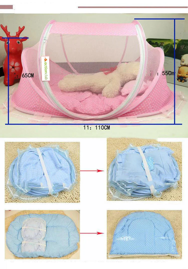 Pink foldable baby mosquito net tent with mesh sides and plush toy inside, dimensions shown