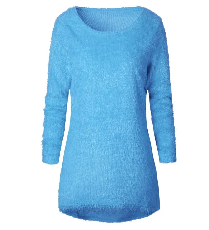 Light blue fuzzy long-sleeve sweater with round neckline, soft textured knit