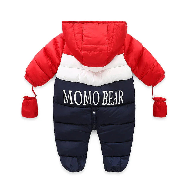 Red, white, and navy blue toddler winter jumpsuit with hood and mittens, labeled MOMO BEAR