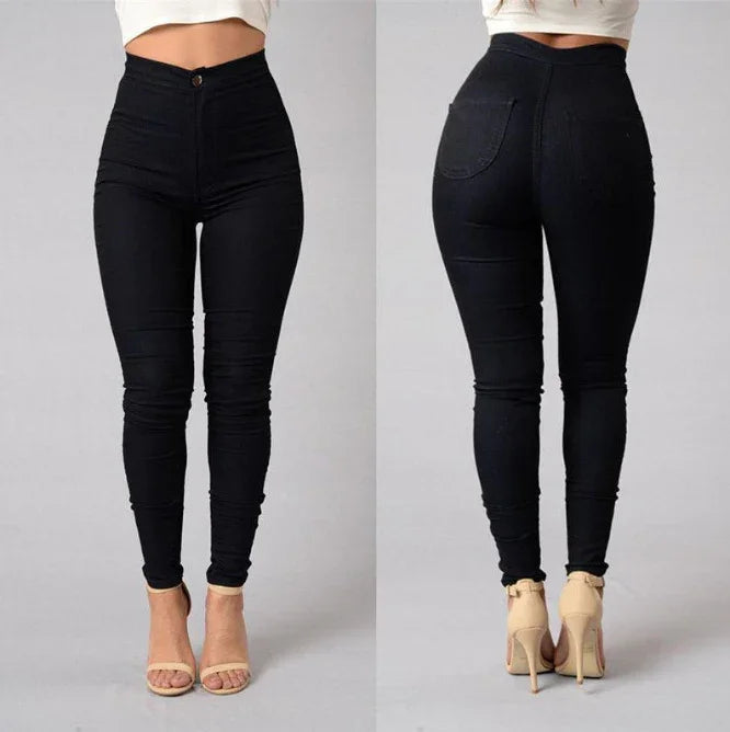 Front and back views of black high-waisted skinny jeans worn with beige high heels