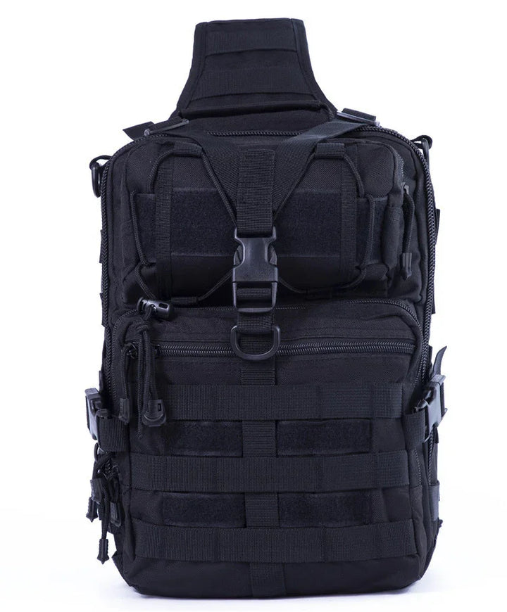 Black tactical MOLLE backpack with multiple zippered compartments and adjustable straps