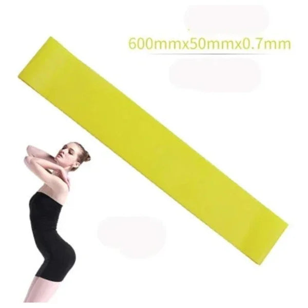 Yellow resistance band 600mm x 50mm x 0.7mm with woman in fitness pose