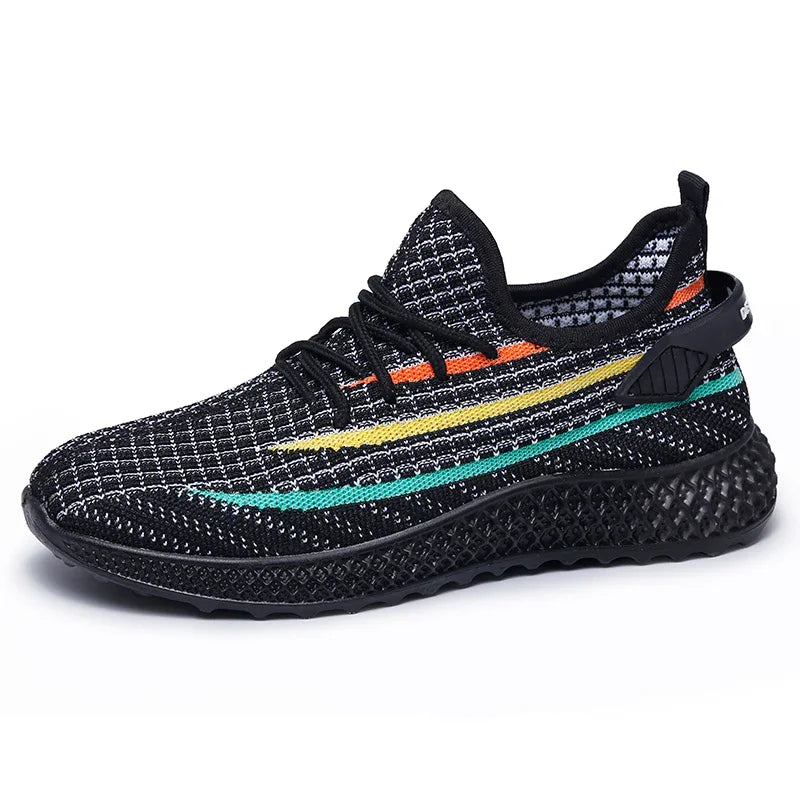 Black knitted athletic sneaker with orange, yellow, and teal stripes and textured sole