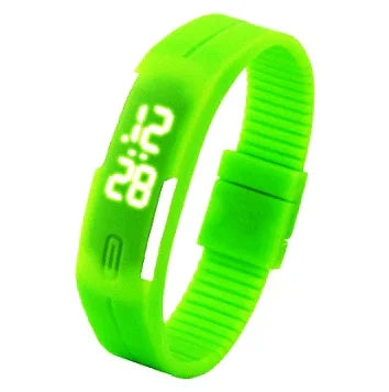 Bright green digital LED sports wristband watch showing time 12:28