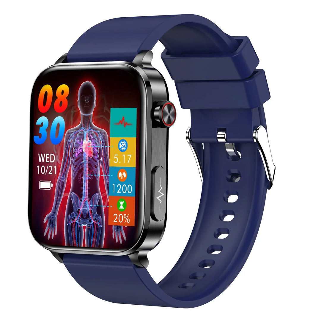 Smartwatch with blue silicone strap displaying health stats and anatomical heart illustration on screen