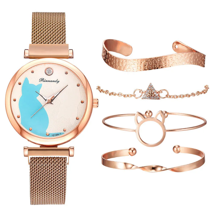 Rose gold mesh wristwatch with blue cat silhouette dial and four matching rose gold bracelets