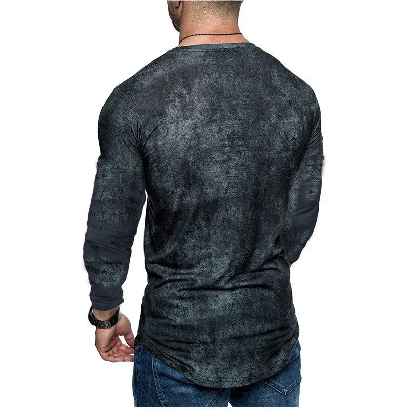 Back view of man wearing black textured long sleeve shirt and blue jeans on white background
