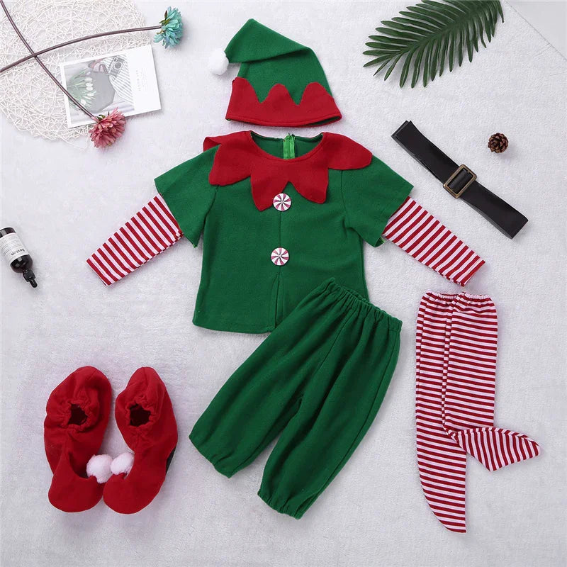 Christmas elf costume set for toddlers with green top, red striped sleeves and pants, hat, black belt, and red shoes