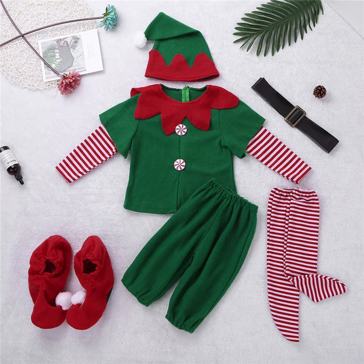 Christmas elf costume set for toddlers with green top, red striped sleeves and pants, hat, black belt, and red shoes