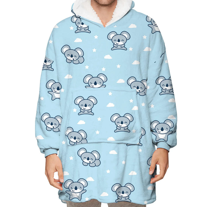 Light blue cozy hoodie with white fleece lining, featuring cute koala and cloud pattern