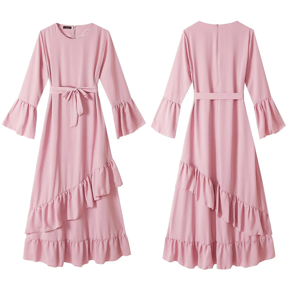 Front and back view of a pink midi dress with flared sleeves, waist tie, and ruffle hem