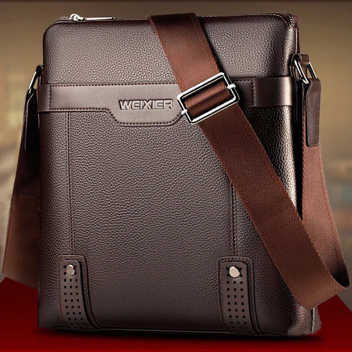 Brown leather Weixier men's crossbody shoulder bag with adjustable strap and textured finish