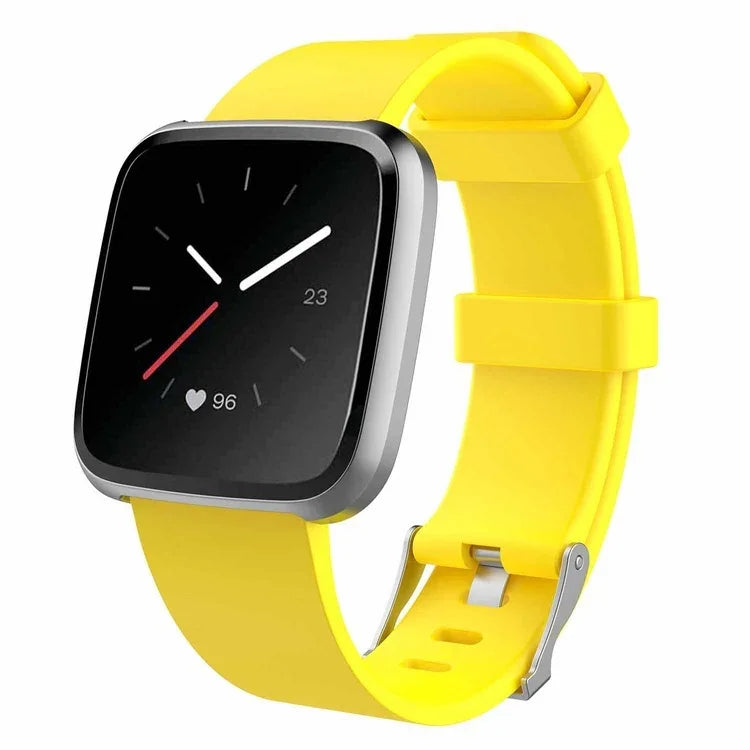 Smart fitness watch with black square face and yellow silicone band showing heart rate and time