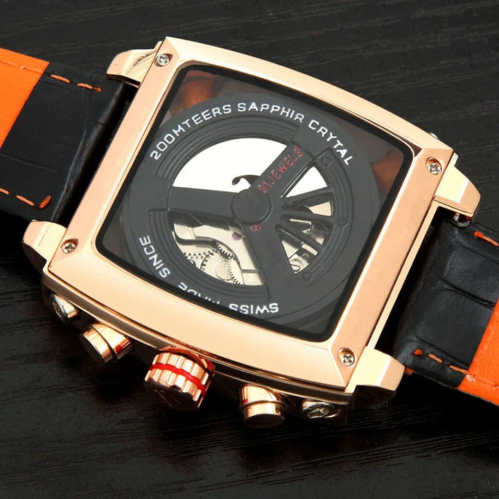Luxury rose gold square wristwatch with visible gears and black dial with sapphire crystal