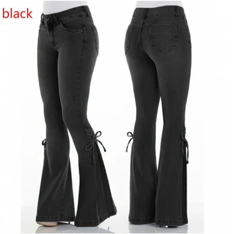 Black flared jeans with side lace-up detail shown from front and back