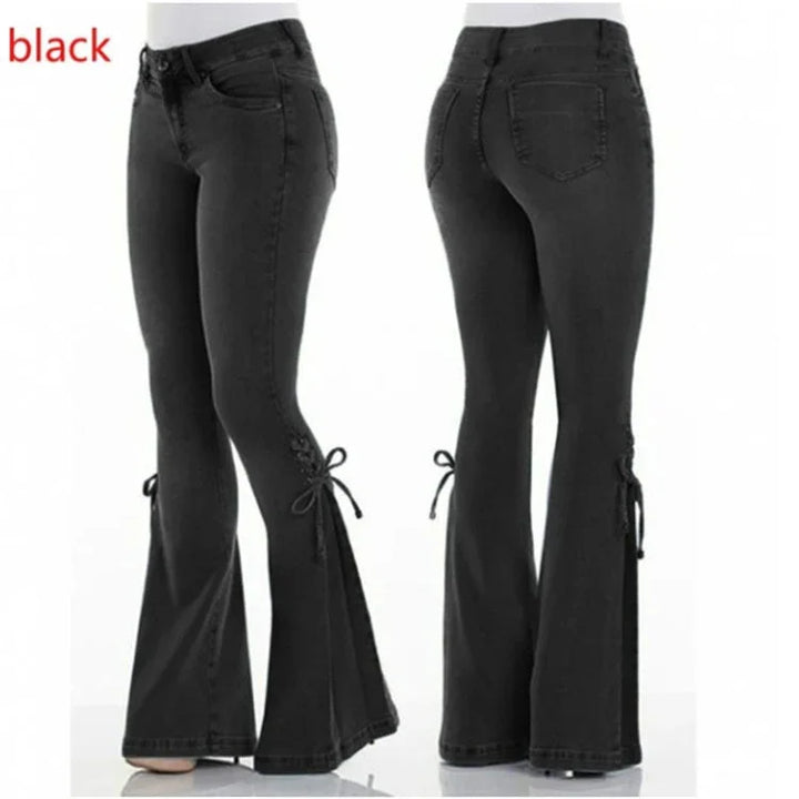 Black flared jeans with side lace-up detail shown from front and back