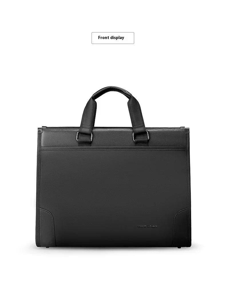 Black leather briefcase with dual handles and minimalist design, front view