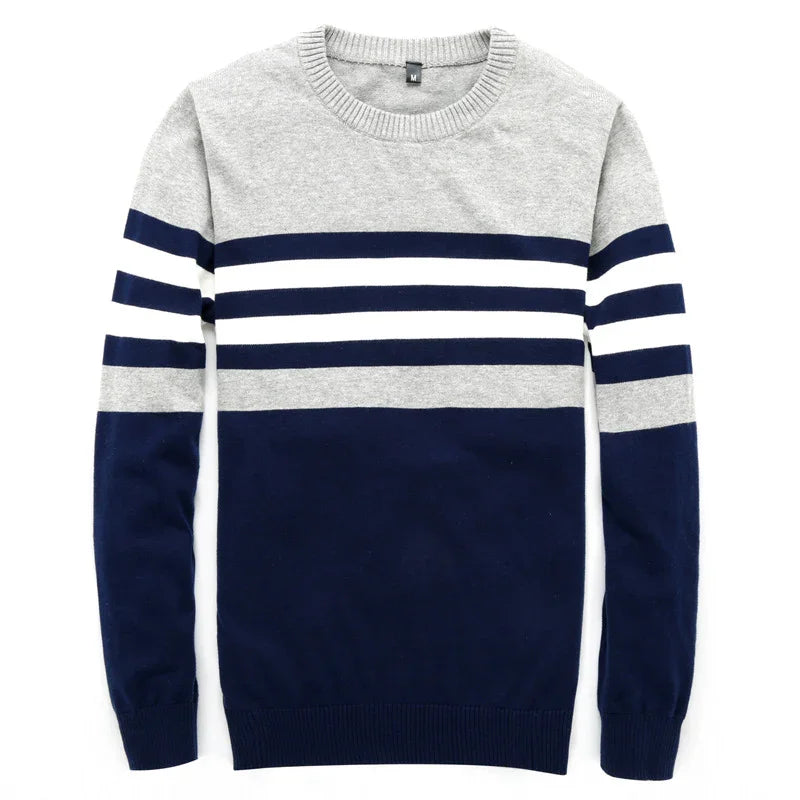 Men's crewneck sweater with gray top, navy blue bottom, and navy and white horizontal stripes