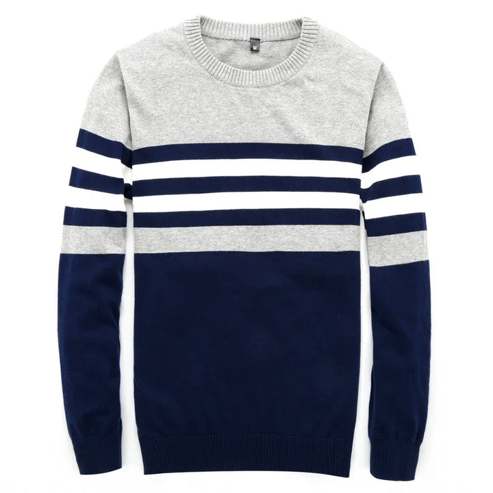 Men's crewneck sweater with gray top, navy blue bottom, and navy and white horizontal stripes