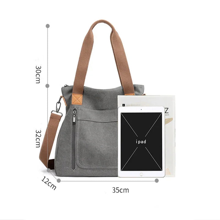 Gray canvas tote bag with brown handles, front zipper pocket, and dimensions shown alongside iPad