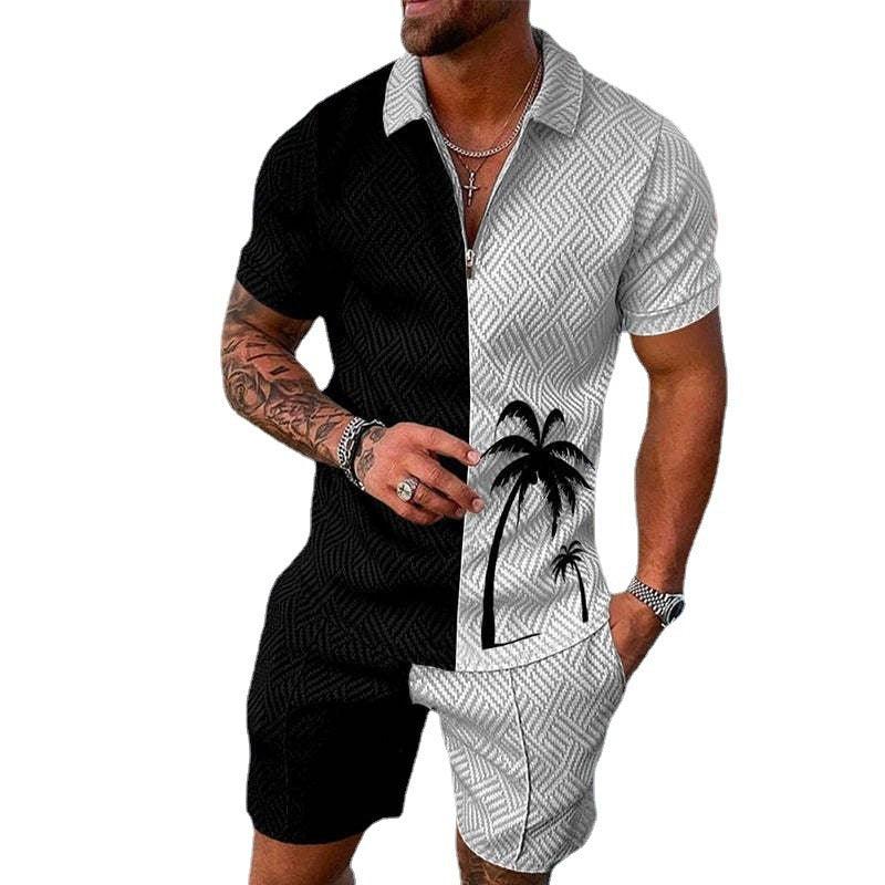 Man wearing black and white short sleeve shirt and shorts set with palm tree print and textured pattern