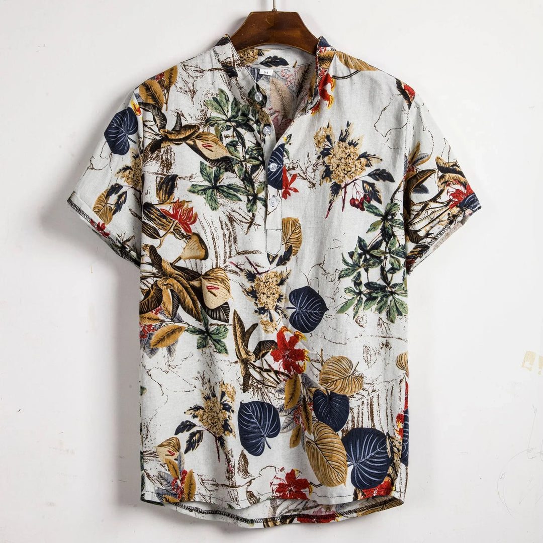 Men's short-sleeve floral print shirt with multicolor leaves and flowers on light gray fabric