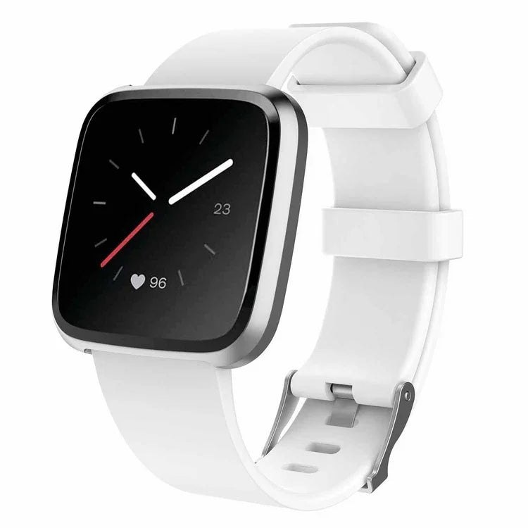 Modern white smartwatch with square black dial showing heart rate and time on white background