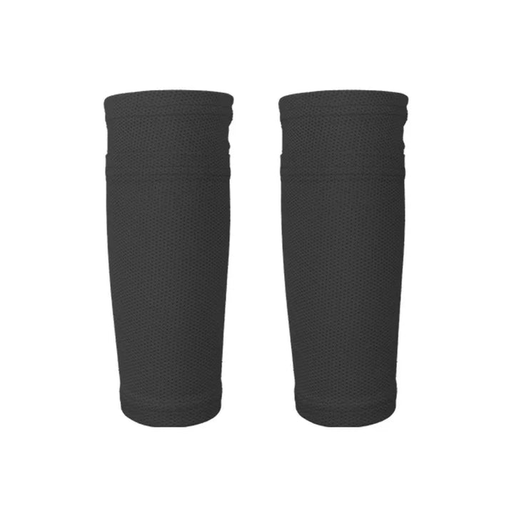 Pair of black mesh compression calf sleeves on white background