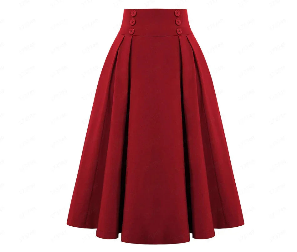 Elegant red high-waisted midi skirt with pleats and decorative buttons