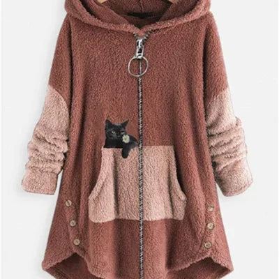 Brown and beige fleece hooded jacket with front pocket featuring black cat embroidery and silver zipper
