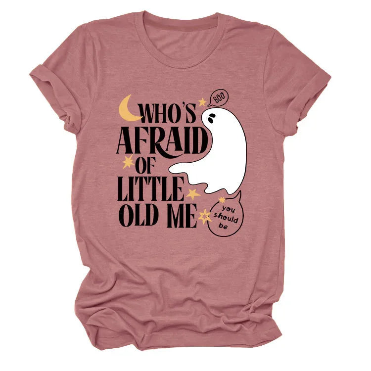 Mauve t-shirt with Halloween ghost graphic and text Who's afraid of little old me, spooky design
