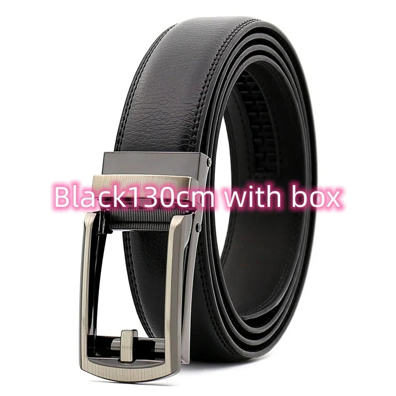 Black 130cm leather belt with metal buckle, classic men's fashion accessory