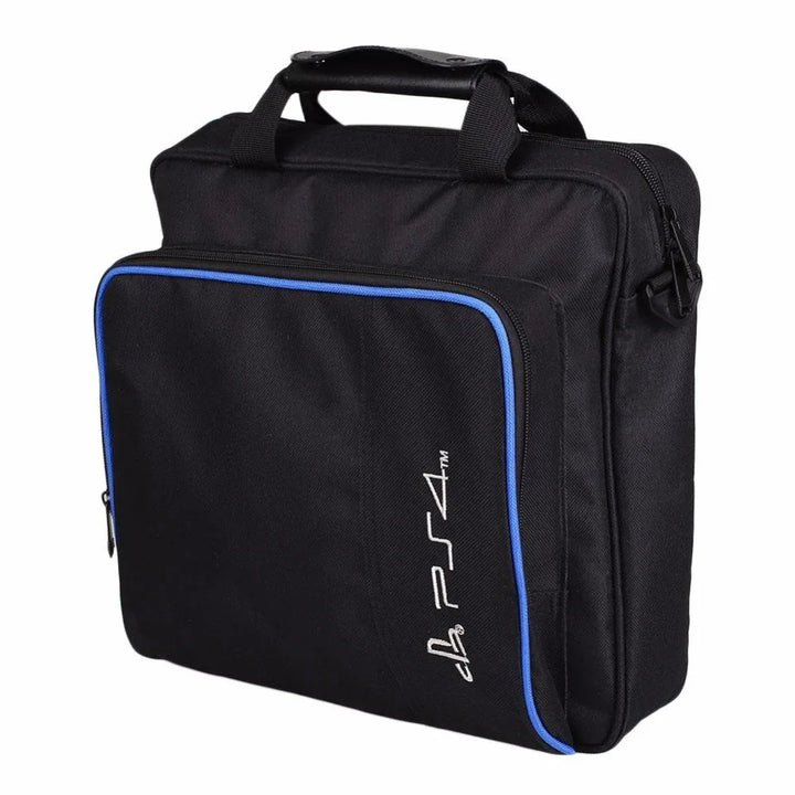 Black PS4 carrying case with blue zipper and handle, designed for PlayStation 4 console