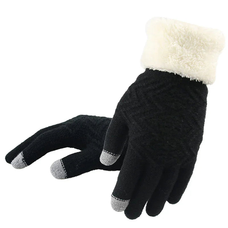 Black winter gloves with white fleece cuffs and gray touchscreen fingertips
