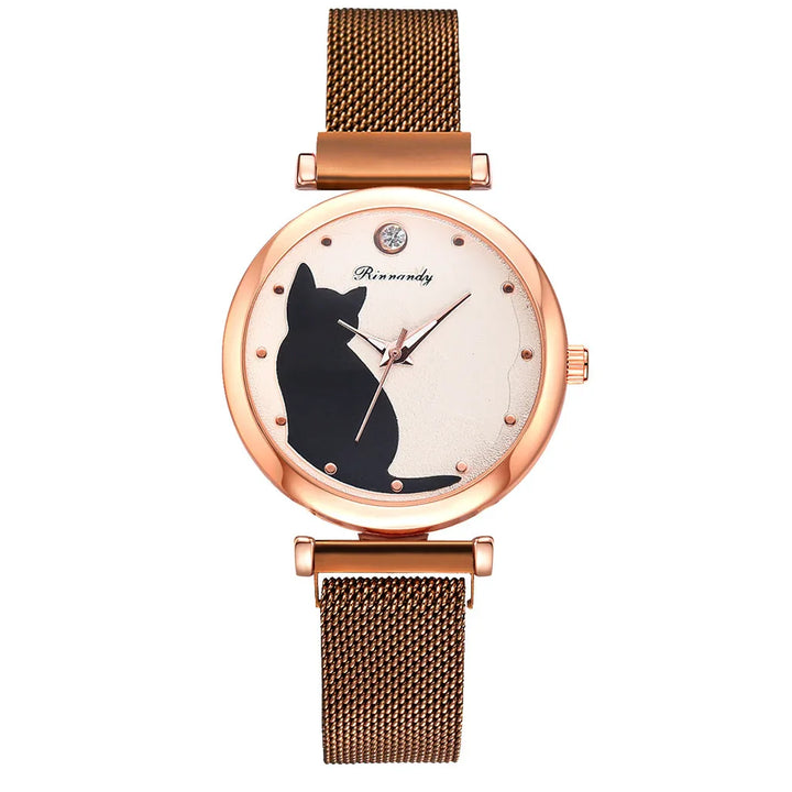 Rose gold mesh strap watch with black cat silhouette on white dial and rhinestone at 12 o'clock
