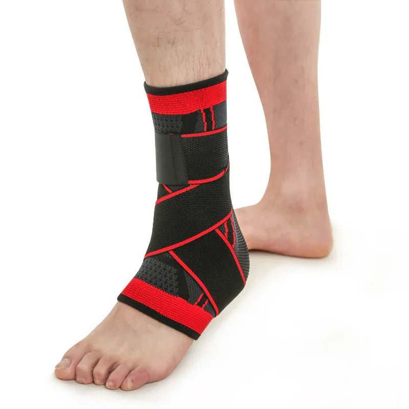 Black and red adjustable ankle support brace worn on left foot for injury recovery