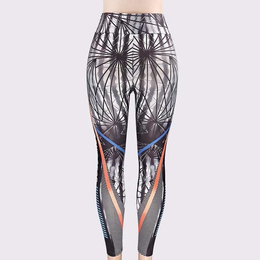 High-waisted leggings with abstract geometric and striped patterns in black, white, blue, and orange