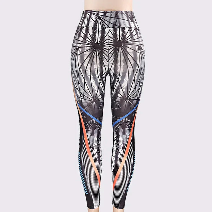 High-waisted leggings with abstract geometric and striped patterns in black, white, blue, and orange