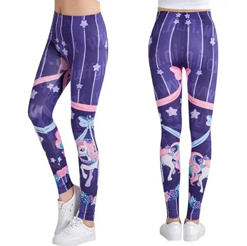 Purple high-waisted leggings with pink and blue carousel horse and star patterns, worn with white sneakers