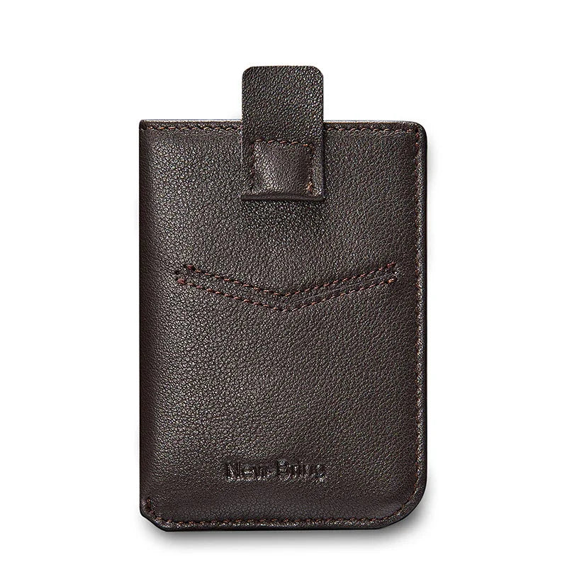 Dark brown leather card holder wallet with pull-tab and front stitch pattern