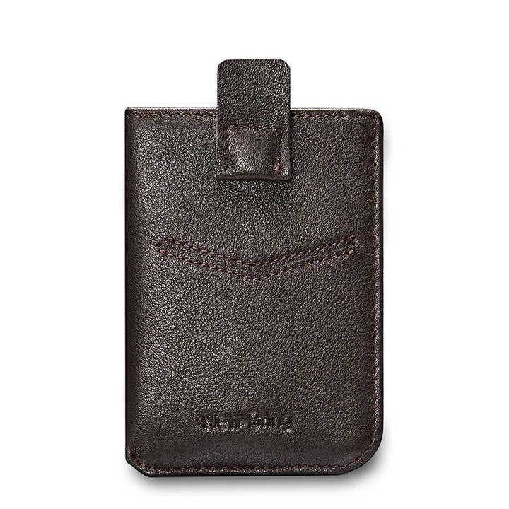 Dark brown leather card holder wallet with pull-tab and front stitch pattern