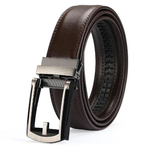 Brown leather belt with silver rectangular buckle and ratchet mechanism on white background