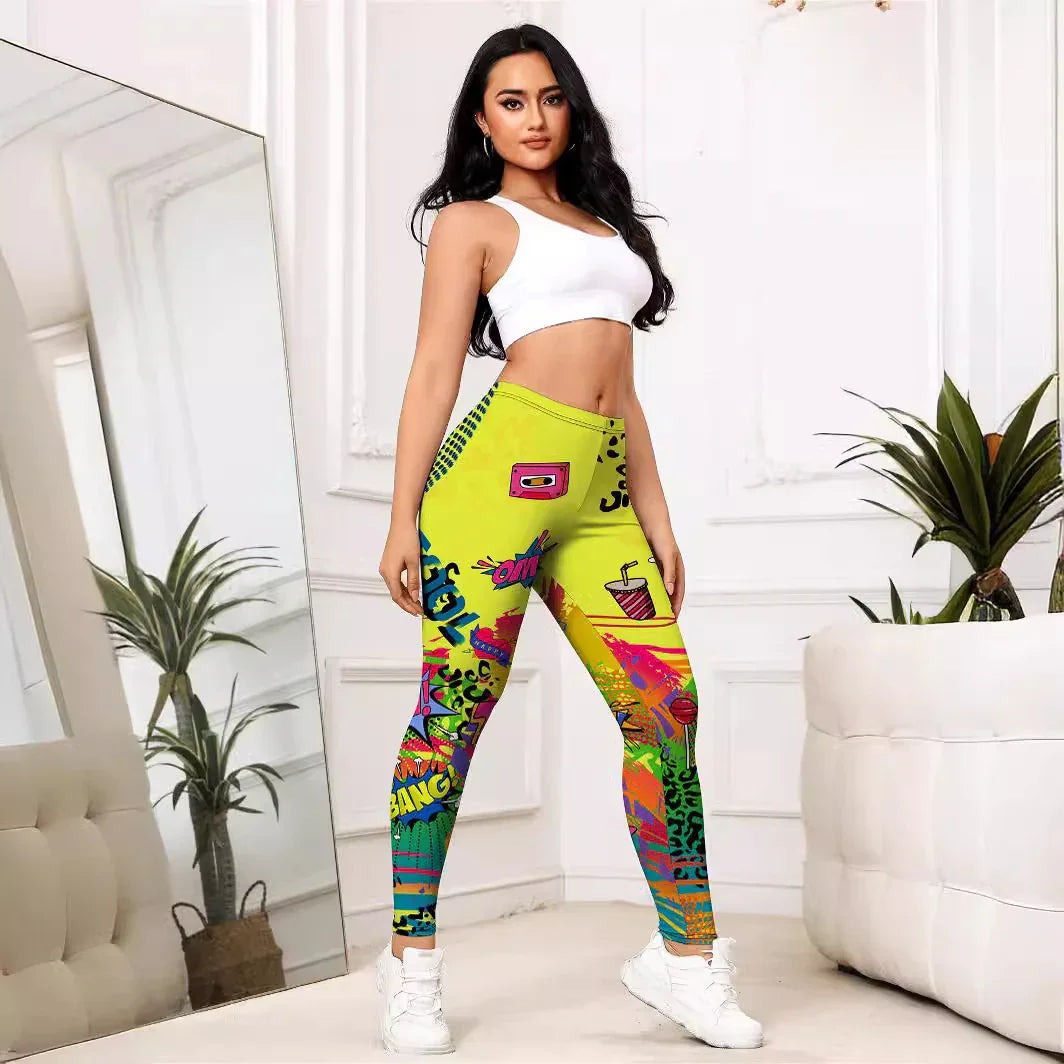 Woman in white crop top and colorful graphic print leggings posing in stylish white room with plants