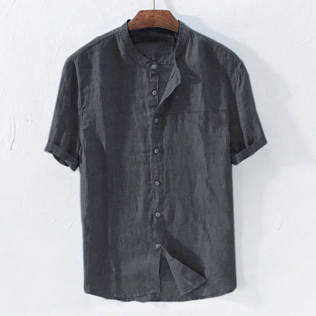 Short sleeve charcoal gray linen shirt with mandarin collar on wooden hanger